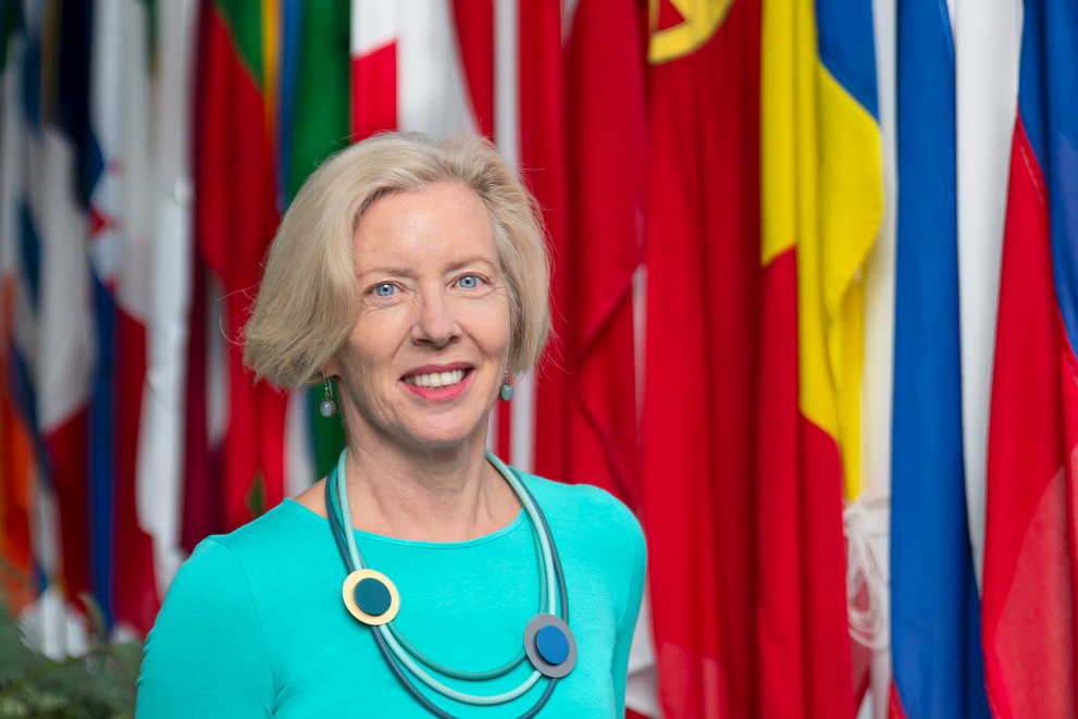 european medicines agency's executive director ms Emer Cooke in front of EU member states flags